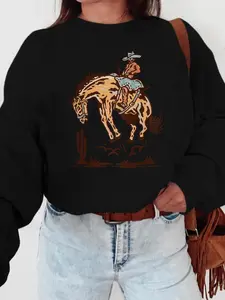 Women's Horse Print Crew Neck Sweatshirt, Casual Long Sleeve Pullover for Fall & Winter, Women's Clothes for Daily Wear, Halloween