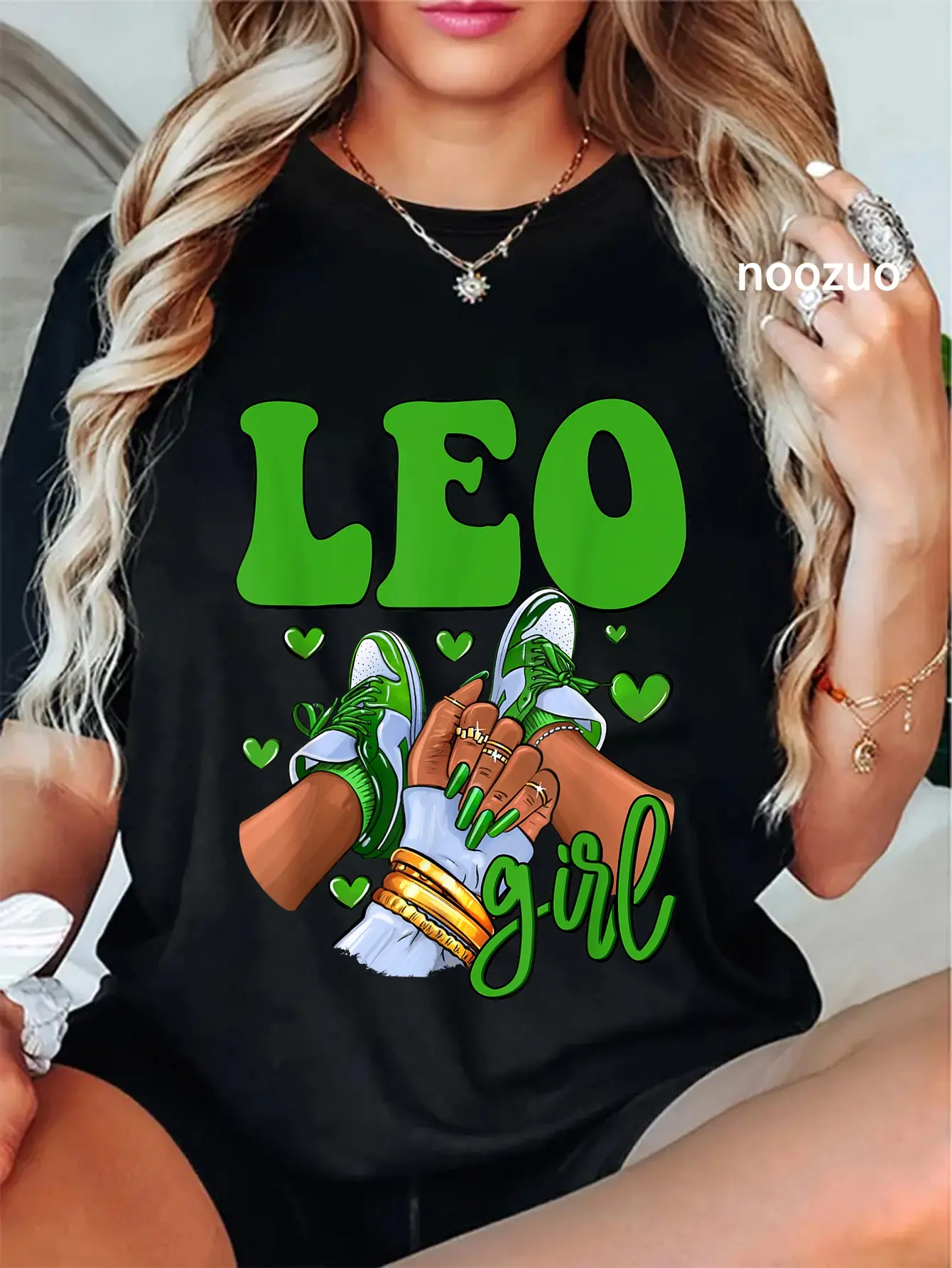 Women's Graphic Tshirt with a Whimsical Leo Zodiac Print, Distressed Style 100% Cotton Casual Short Sleeve Round Neck Pullover, Casual Fit, Whimsical Look, Shortsleeve, Everyday, T-Shirt, Streetwear, Distressed Look, Graphic Print, Zodiac Theme, Lady, Cut