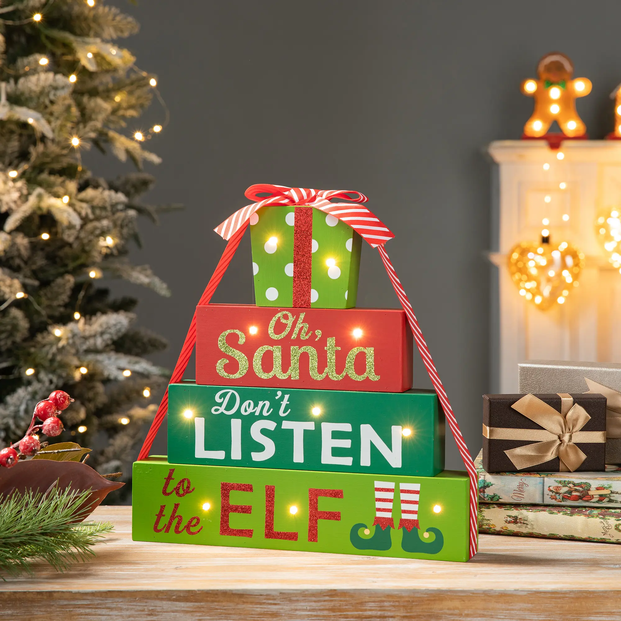 Glitzhome 12"H Lighted Wooden Modern Christmas Decoration, Colorful Gift Box Form Table Decor with Ribbon-Tied Lid, Boxes