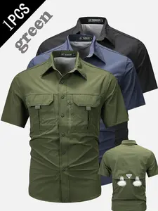 New Casual Short Sleeve Workwear Shirt, Summer Outdoor Multi-Pocket Zip Design, Loose Breathable Quick-Dry Top, Men's Button Front Tee