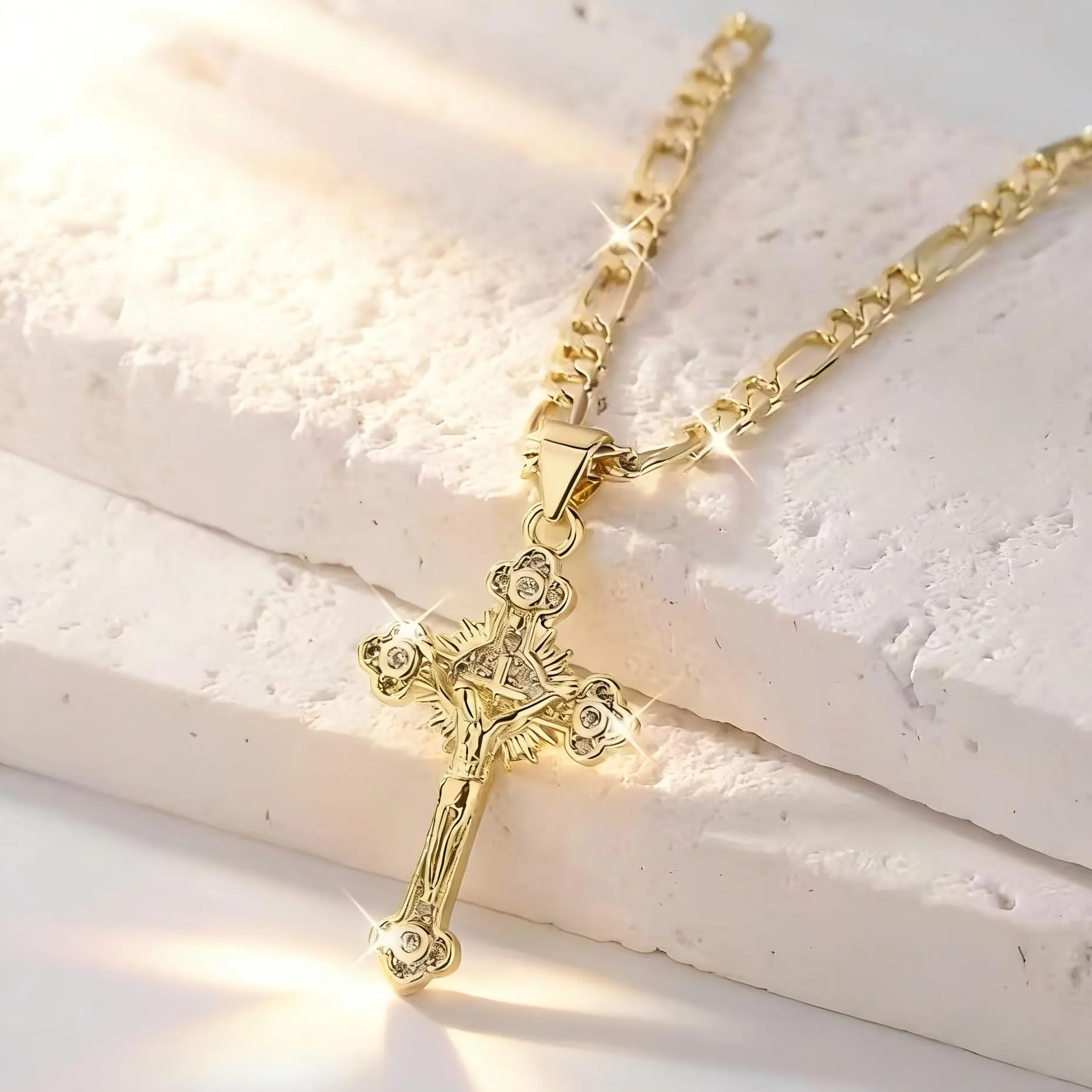 14K Gold Plated Crucifix Necklace for Women, Crystal Inlaid Jesus Christ Cross Pendant with Figaro Chain, Catholic Religious Christian Faith Jewelry Gift for Latina Women