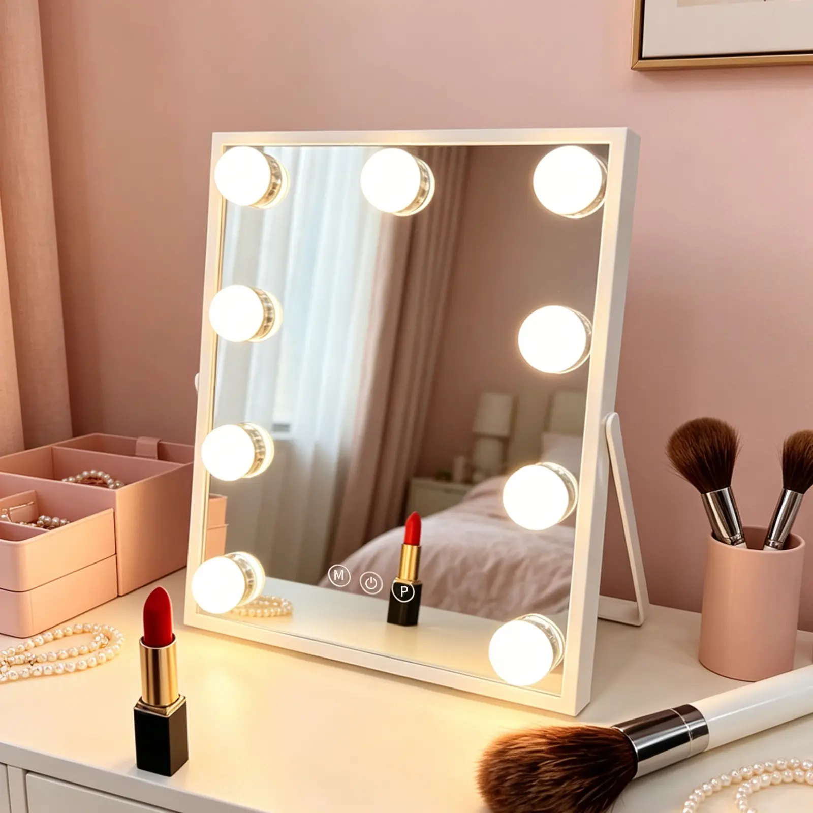 Hollywood Style LED Vanity Mirror with 9 Dimmable Bulbs, 3 Color Lighting Modes, 25x30cm Makeup Mirror, Tabletop Cosmetic Mirror for Bedroom, Dressing Room