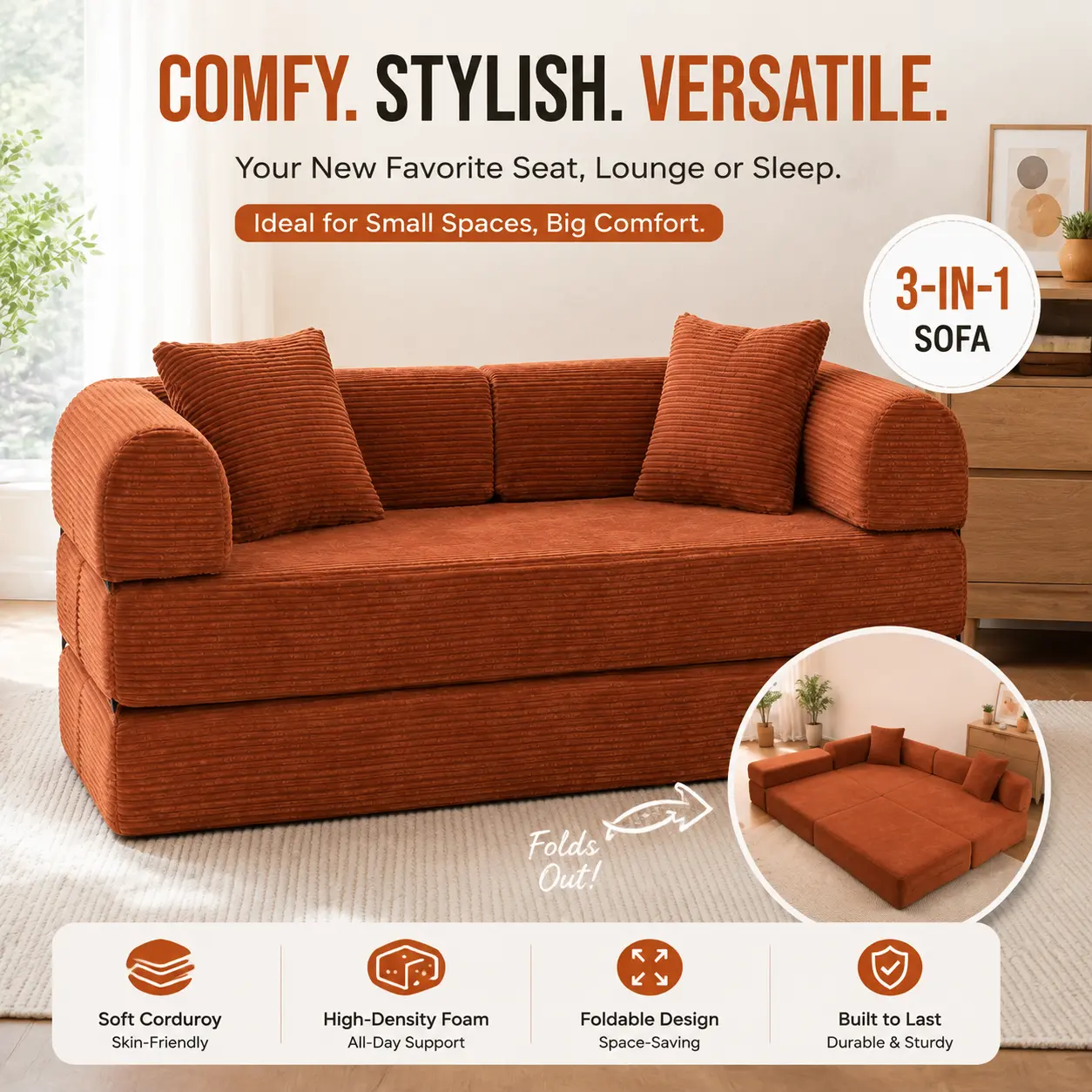 79" Sturdy 4-in-1 Convertible Sofa Bed, Foldable Corduroy Sleeper Couch, No Tools Required Modular Floor Sofa, High Weight Capacity Lounge for Living Room & Guest Room