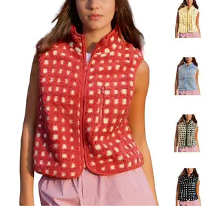 Tanming Womens Checkered Sherpa Vest Sleeveless Fleece Jacket High Neck Zip Up Plaid Gilet with Chest Pocket Fit Piece