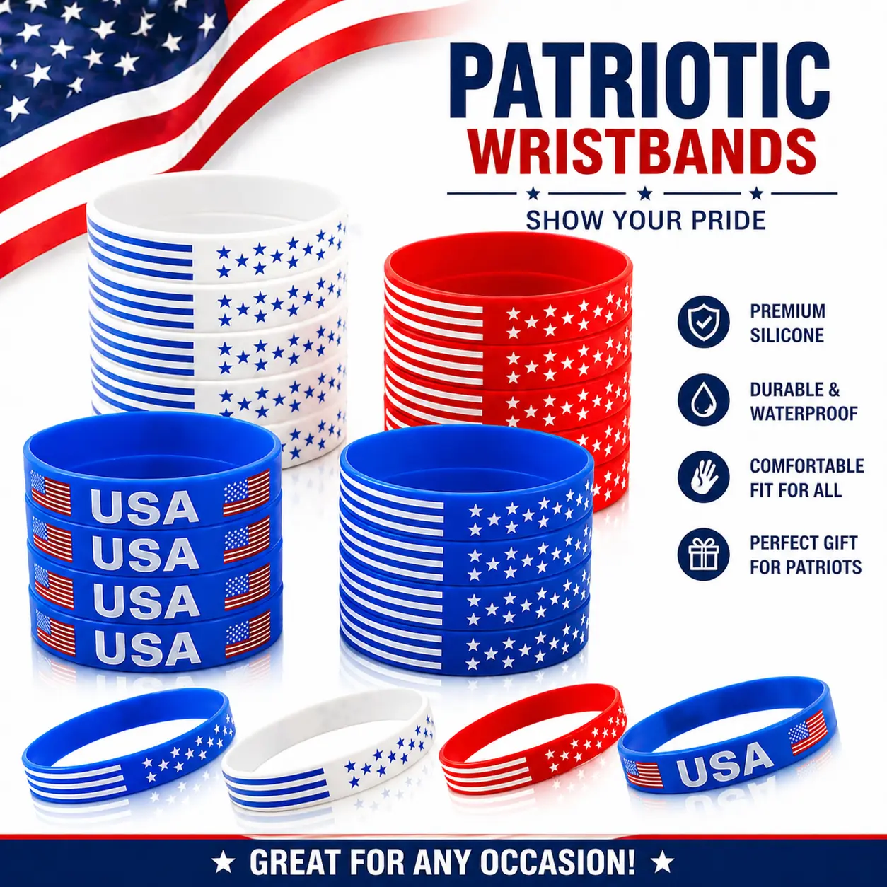 20Pcs 4th of July Silicone Bracelets - Reusable, Waterproof, Unisex, Stretch-Fit American Flag Wristbands, Red White Blue Bangles for Adults, Independence Day Patriotic Party Favors #DealsforYouDays #SummerWins