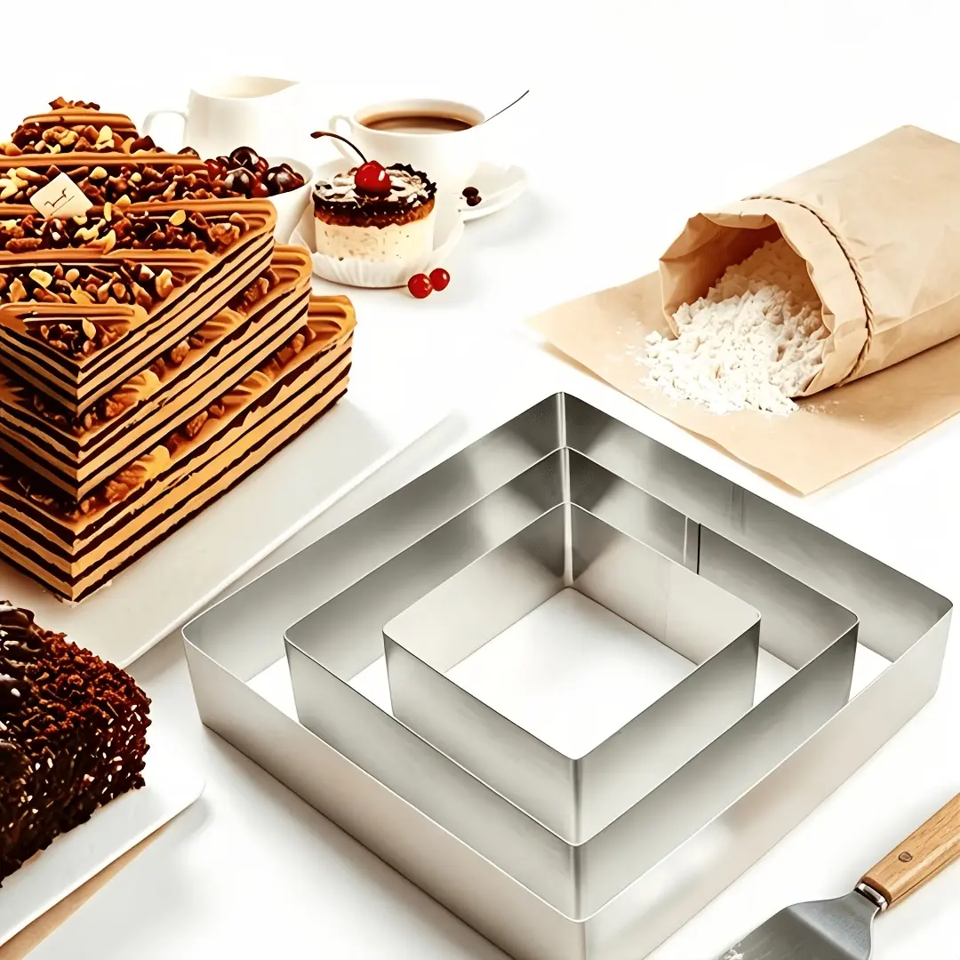 3-Pack Home Baking Stainless Steel Reusable Square Cake Mousse Rings Set - Smooth Finish Flexible Bakeware Molds, 3 Sizes for Tiramisu, Layer Cake DIY Fruit Desserts, Metal Utensils, Square Shape