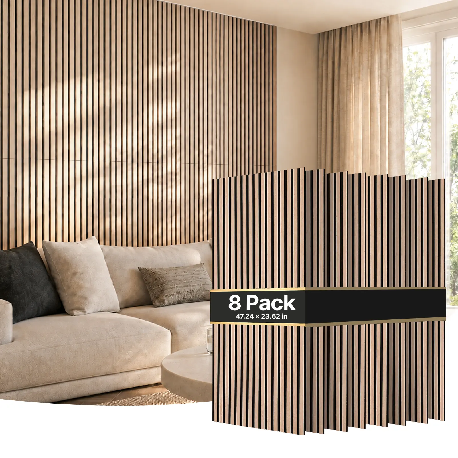 VEVOR Wood Wall Panels, 47.2 x 23.6 inches, Acoustic Slat Panels Oak Finish, Sound Absorbing for Living Rooms, Bedrooms, Offices, and Studios, Interior Wall Decor, PET Construction, Screw Kit, 8-Pack