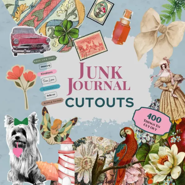 Junk Journal Cutouts Ephemera Activity Book for Crafting - English Soft Cover, DIY Enthusiasts, 400+ Vintage/Modern Mix Text, Food, Botanical, Drinks Images, Inspiring Phrases, Border Accents to Unleash Creative Spirit