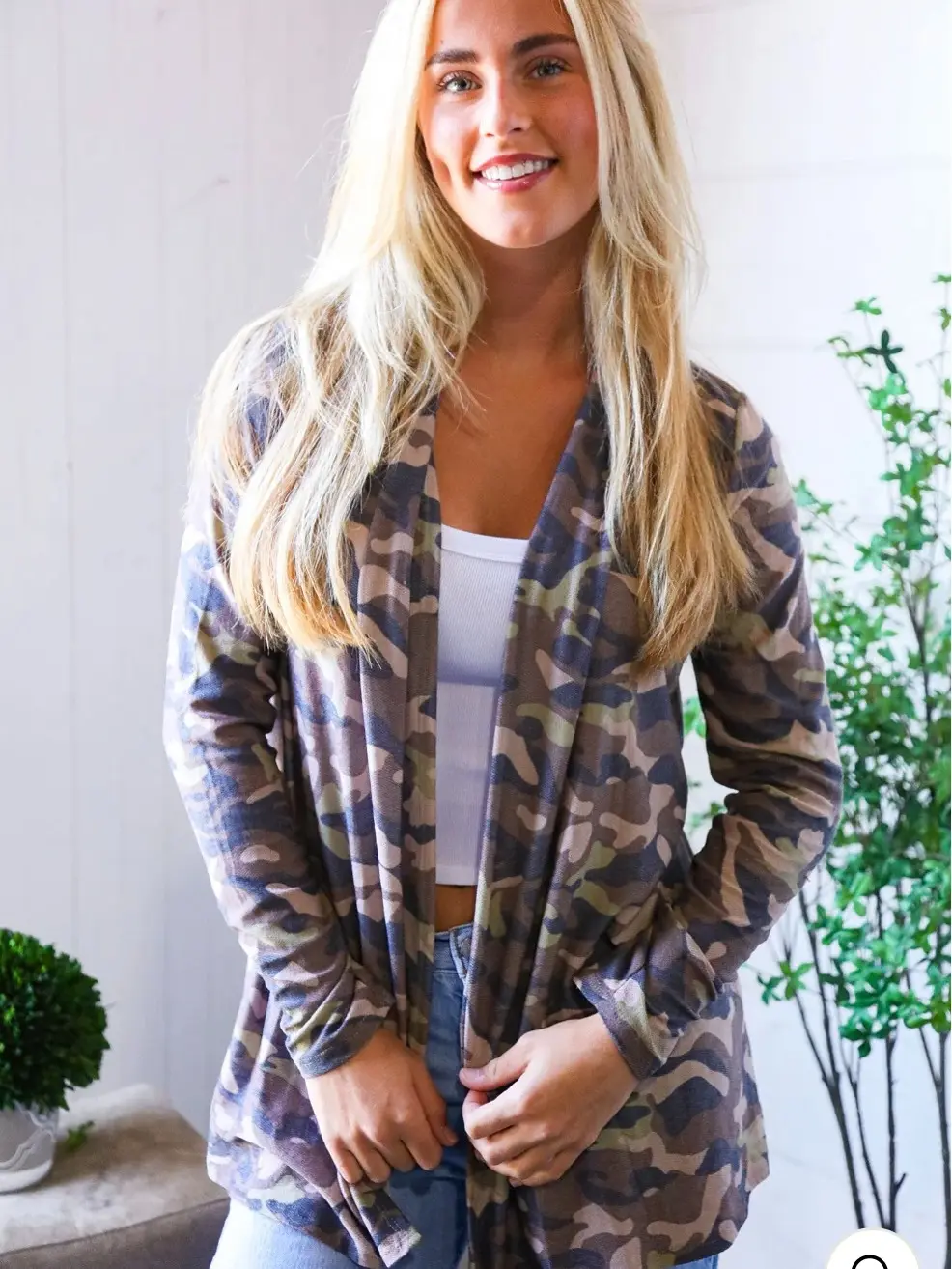 Beeson River Camo French Terry Cardigan Women's Casual Long Sleeve Open Front Soft Comfortable Camouflage Pattern