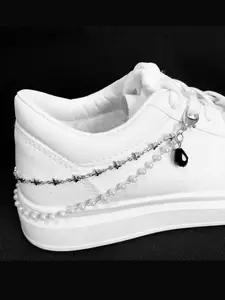 Fashion Chain Pearl Double Layer Shoe Laces, Canvas Shoes Lace, Simple Hip Hop Style Casual, Metal Heart Pentagon Star Pearl Shoelaces
