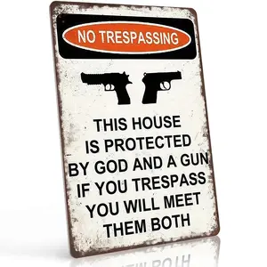 12x8 in Aluminum "No Trespassing This House Protected By God And A Gun" Sign - Bold Christian Patriotic Retro Tin Home Decor for Entryway, Property Perimeter - Gift for Patriots, Home Defenders, Retro Home Signs, Tin Home Signs