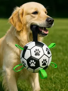 PetSafe Dog Soccer Ball with Straps Interactive Tug Toy Durable PU Material Soft Straps Cotton Yarn Rubber Lining Super Bouncy Design for Small Medium & Large Dogs 8 Inches Diameter 12.7 Ounces Weight