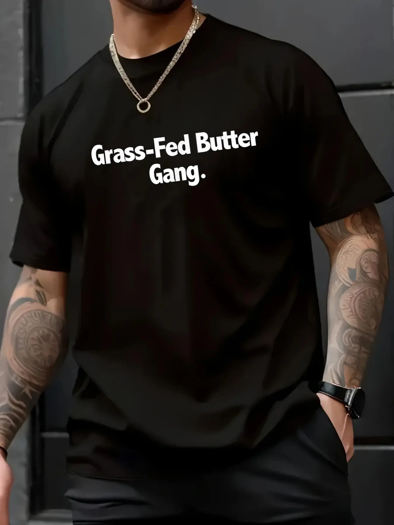 Men's Funny Keto T-Shirt with "Grass Fed Butter" Graphic, 100% Cotton Casual Loose Fit Short Sleeve Round Neck Top, Shortsleeve, Menswear, Printed Text, Party, Work