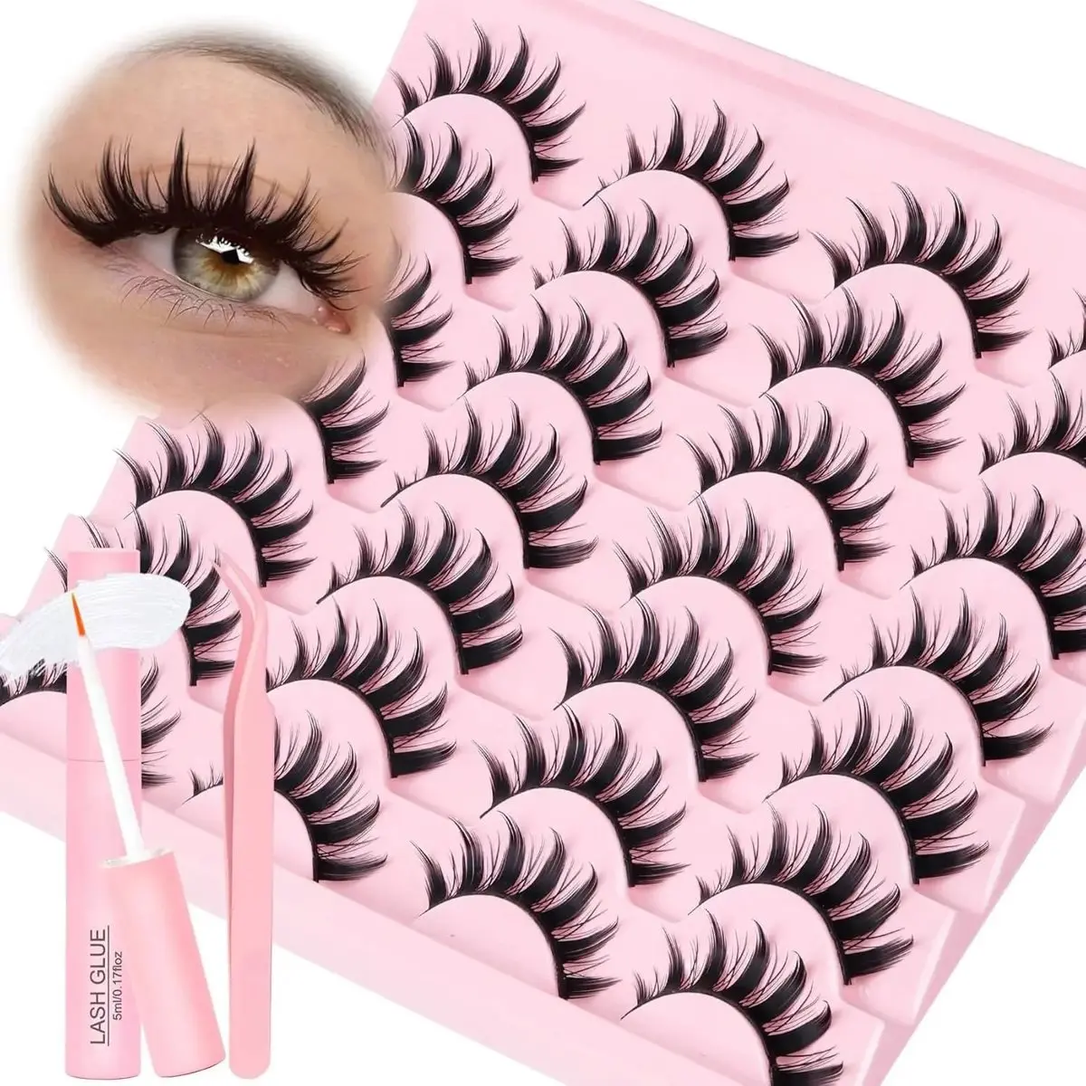 8D Fluffy Volume Cluster Eyelash Kit with Glue and Tweezers, 14 Pairs Spiky False Eyelashes for DIY Makeup, Wispy Style for Anime Look