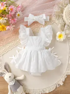 2-piece Set Of Soft, Breathable, Comfortable And Cute Baby Girl With Embroidered Details, Bow Design, Ruffle Edge Dress, Jumpsuit And Headband Set
