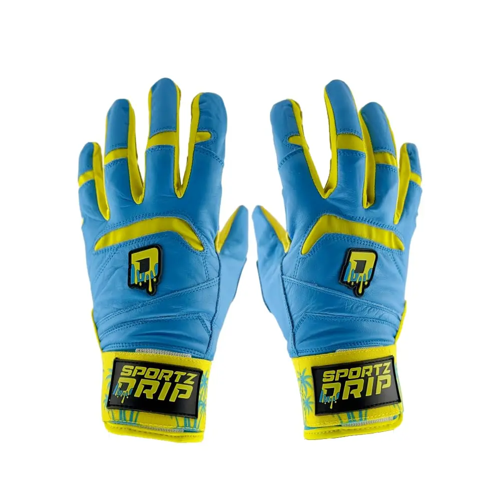 Sportz Drip South Shore Baseball Batting Gloves - Blue and Yellow, Durable Palm Material, Breathable Design, Adjustable Wrist Strap, Includes Glove Holder, Batting Practice Equipment