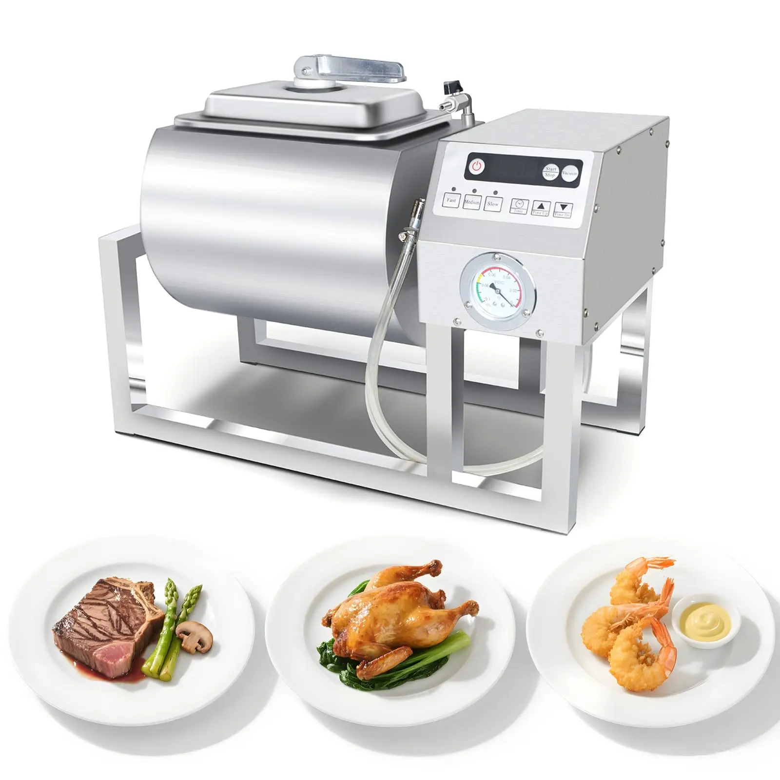 Hakka Commercial Stainless Steel Vacuum Tumbler Marinating Machine - 36lb/18L Round Drum, 110V Plug, Bidirectional Rotation, 3-Speed Control, Increases Production Rate for Fish, Meat