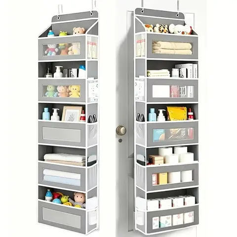 Heavy Duty 5-Tier Over-The-Door Grey Bathroom Organizer (1 Pack) - Anti-Tilt Hangable Organized Multi Layer Storage with 10 Window Pockets, Collapsible, 48 lbs Capacity, Small Room Solution