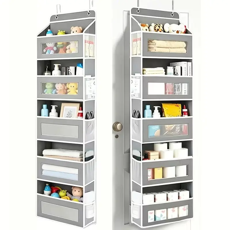 Heavy Duty 5 Tier Over-The-Door Organizer Grey 1 Pack, Anti-Tilt Hanging Storage with 5 Pockets Clear Windows 48lbs Capacity, Over Door Storage Organizer for Bathroom Kitchen Closet Small Space Organization
