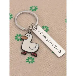 Cartoon Duck Round Keychain with Letter Print, Trendy Cute Keyring, Stylish Unisex Accessory for Men Women & Duck Lovers, Perfect Gift