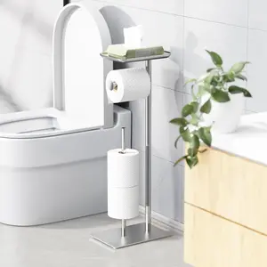 Toilet paper holder with top storage shelf, freestanding bathroom toilet paper dispenser, can hold 4 rolls of spare toilet paper