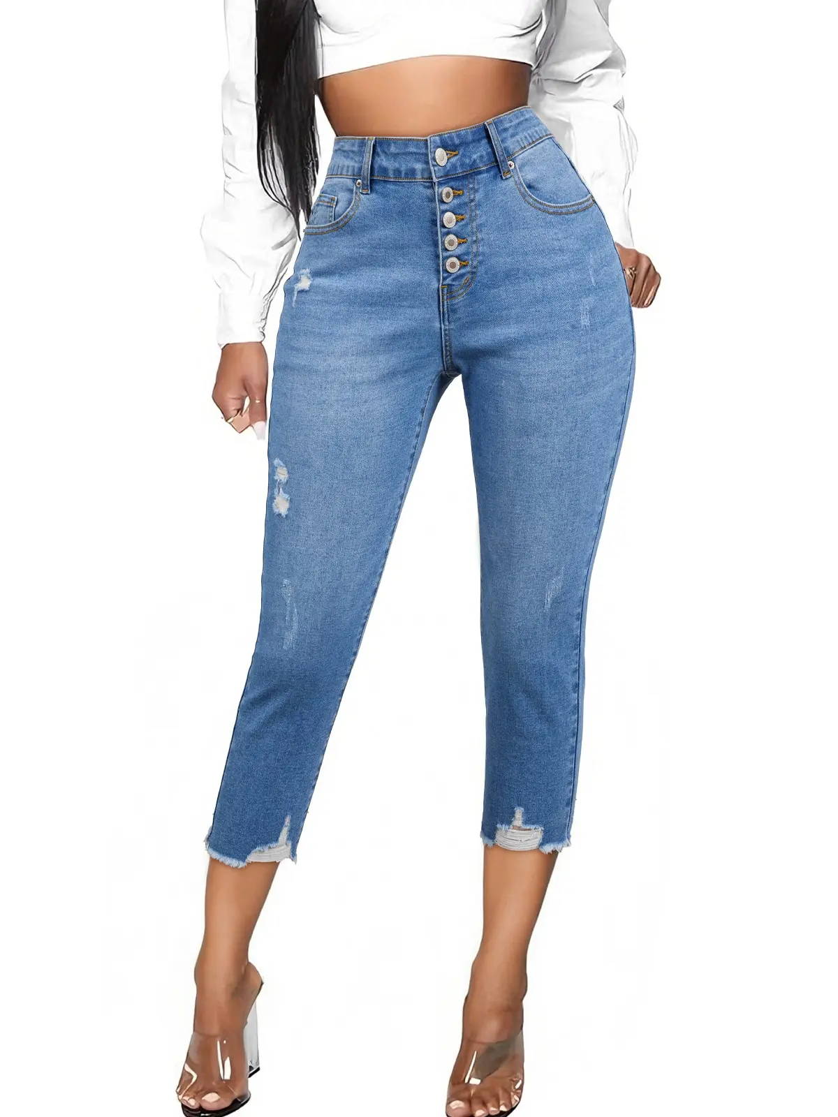 Sidefeel Women's High-Waisted Distressed Cropped Jeans with Button Front & Frayed Hem, Stretch Slim-Fit Denim Pants for Casual Chic Style DealsForYouDays summerwins WeeklyDeals Summer Outfit