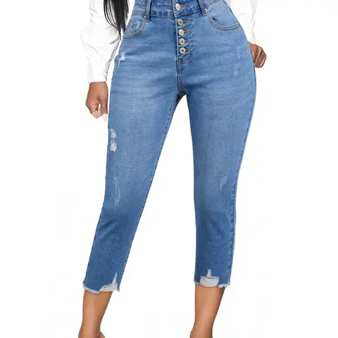 Sidefeel Women's High-Waisted Distressed Cropped Jeans with Button Front & Frayed Hem, Stretch Slim-Fit Denim Pants for Casual Chic Style Fall Outfit