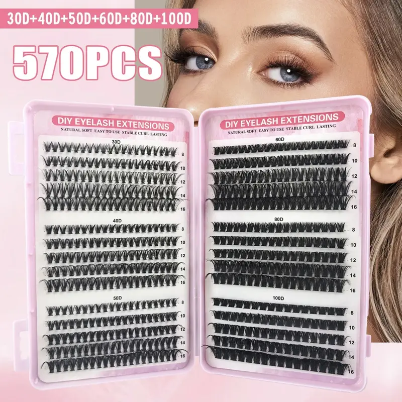 570Pcs Lash Clusters Kit - 30D-100D Multi-Pack Wispy Lash Extensions, 8-16mm Lightweight Strips, Long-Lasting Waterproof Bond & Seal, Tweezers for Home DIY Makeup