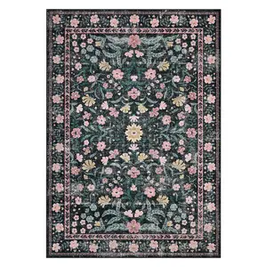 Washable Foldable Printed Rug, Modern Clustered Floral Design, Suitable for Various Rooms and Settings, Black