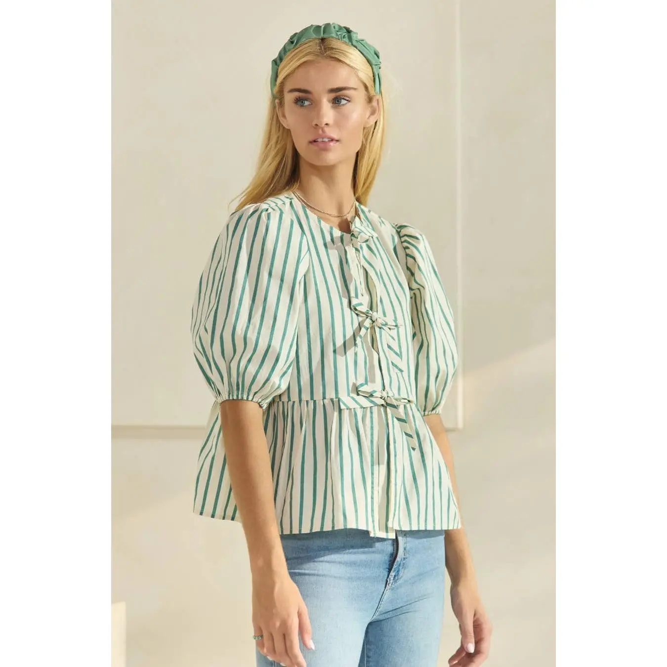 Plus Striped Cotton Poplin Front Tie Ribbon Blouse