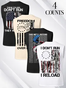 Men's 1776 Retro American Flag Print Sleeveless T-Shirt 4-Pack, Sporty H-Type Fit, Ideal for Daily Commute, Fitness, Outdoor Events
