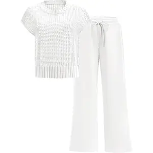 Two Piece Outfits Crochet Sheer Knit Sweater Top Wide Leg Pants Lounge Matching Sets Travel Clothes