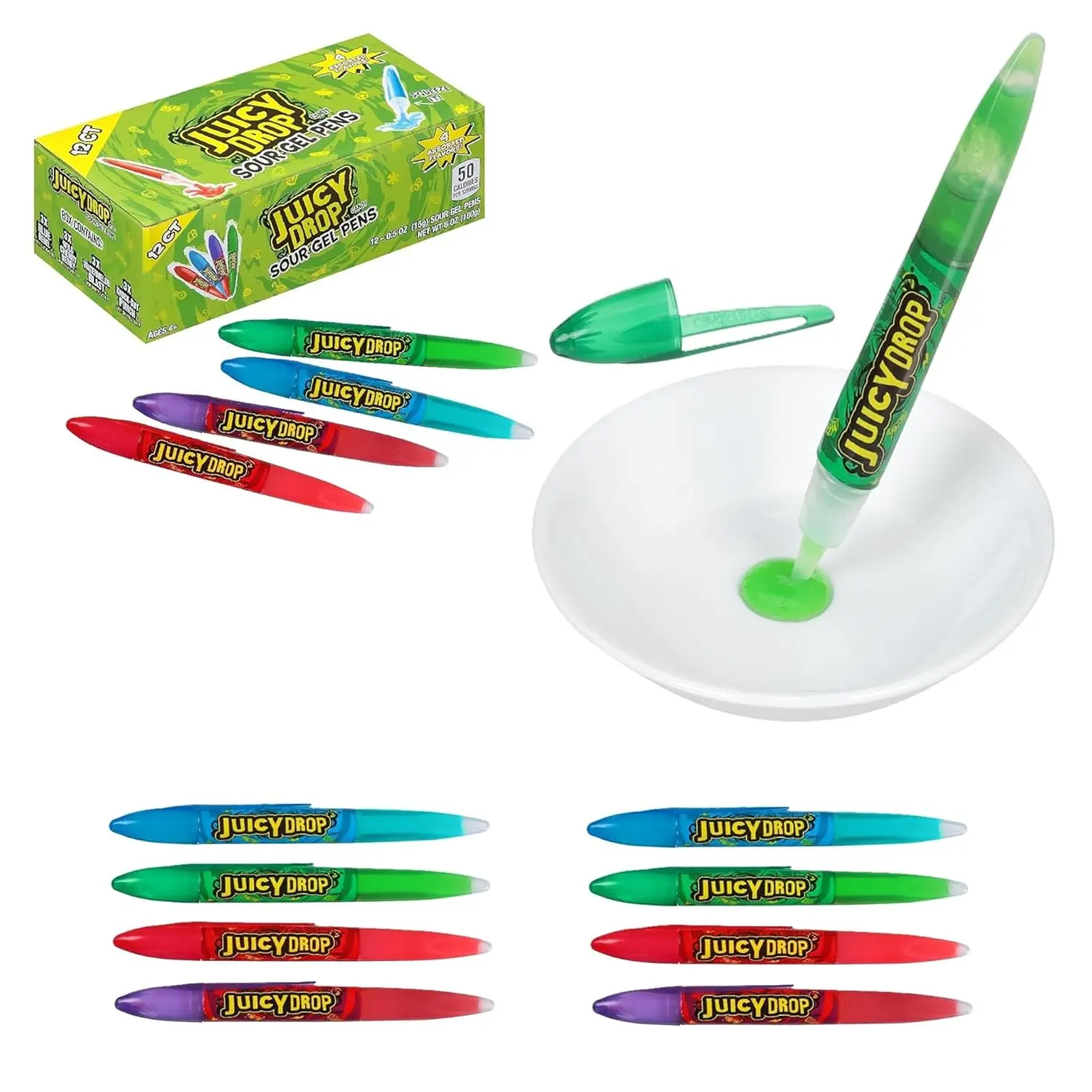 Juicy Drop Sour Candy Gel Pen, 12 Ct, Assorted Fruity Flavors Extreme Sour Candy Experience