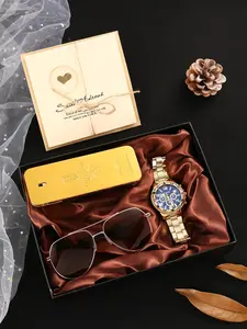 Men's Business Watch Set with Cool Sunglasses, Perfume Bottle, Greeting Card, Birthday Gift for Boyfriend, Perfect Gift Bundle, All Seasons
