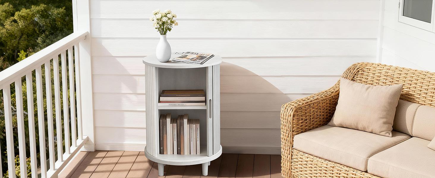 DHH Modern Fluted Round Nightstand with Charging Station & Power Outlets, Circular End Table with Tambour Door & Storage, 2-Tier Bedside Table for Bedroom, Living Room