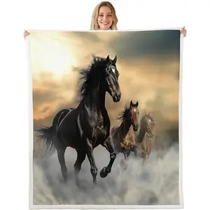 Black Horse Blanket Exotic Tribal Style Throw Blanket 3D Animal Pattern Farmhouse Theme Bed Blanket Cowboys Teens Adult Soft Sherpa Throw Blanket Horse Printed Fleece Blanket,Throw