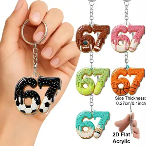 [2D Flat] [2D Flat] 9pcs 67 for sports Ball Keychain Set |   Funny Ice Cream Drip Style Acrylic Ornaments with Zinc Alloy Chain - Soccer/Baseball/Basketball/Football/Tennis/Badminton |   Ideal for Party, Xmas, New Year, Birthday Gifts