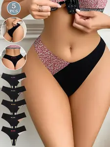 5 pieces of women's thong underwear, leopard print seamless V-shaped low waist sexy women's panties, soft and lightweight suitable for daily and casual sports wear, Fashion Panties