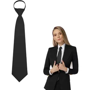 Black Tie 3.15” Adjustable Pre-tied Necktie For Women, Boy, Girl Solid Neck Tie Zipper Ties For Business Uniforms