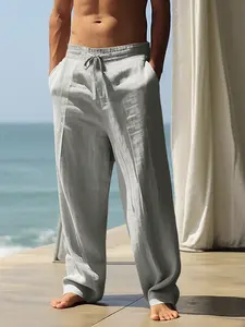 New men's solid color linen casual trousers, loose and breathable straight-leg pants, vacation-style drawstring waist-tightening pants, comfortable and versatile for spring and summer, with a relaxed look, Casual Fit Waist