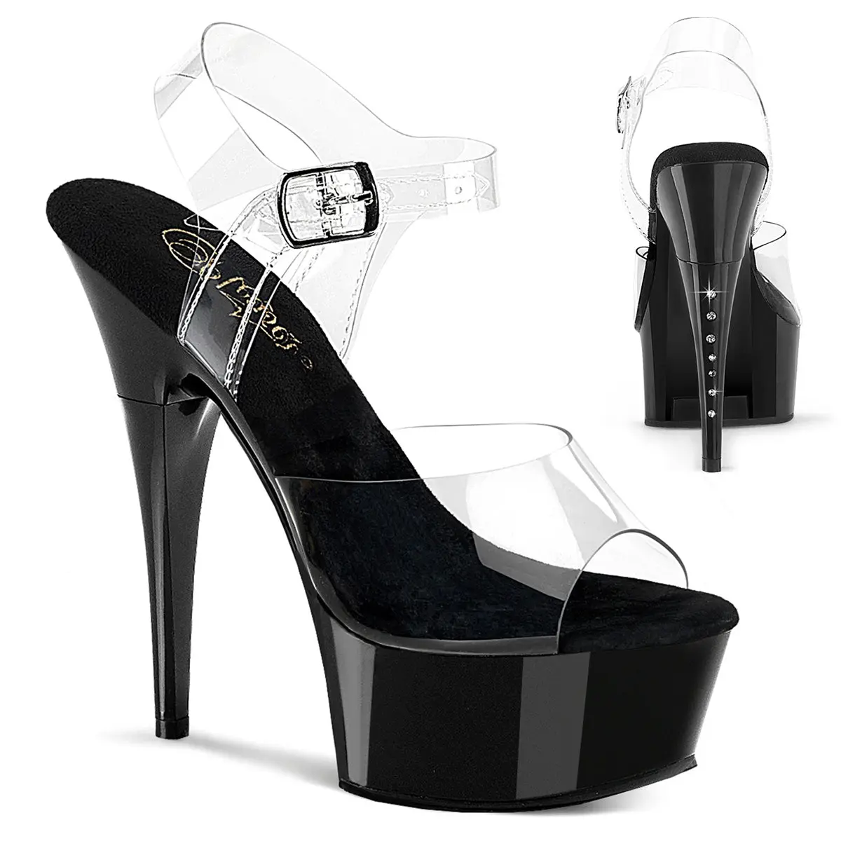 Women's Classy Heeled Shoe Footwear - 6-Inch Transparent Stiletto Platform Sandals, Open Toe, Secure Ankle Strap, Rhinestone Heel Detail, Clubwear High Heels, Stylish, Elegant Stilettos, Fashion High Heels