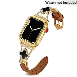 Black Shell Clover Leather Strap for iWatch - Slim Business Dressy Band, Compatible with Ultra 2/Ultra/Series 10-1/SE/SE2 (38-49mm) | Women's Accessory (Watch Not Included)