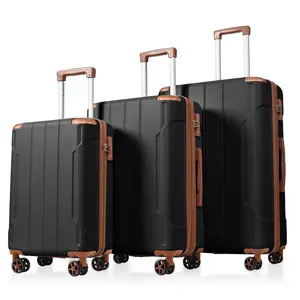 3-Piece Lockable Telescopic Anti-Theft Carry-On Crash-Resistant Luggage Set, Expandable ABS Hard-Shell Suitcases with Double Spinners & TSA Lock (20/24/28in, Black/Brown), Lightweight Stylish Duffel Bag with Smooth Wheels, Lockable Luggage Sets, Telescopi