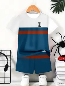 Teen Boys Fashion 3D Print Casual Hoodie Short Sleeve T-Shirt, Striped Patchwork Letter Pattern Gym Shorts Set, Outdoor Leisure Sport Two-Piece Suit, Striped Sets, Outfit, Youth Kits