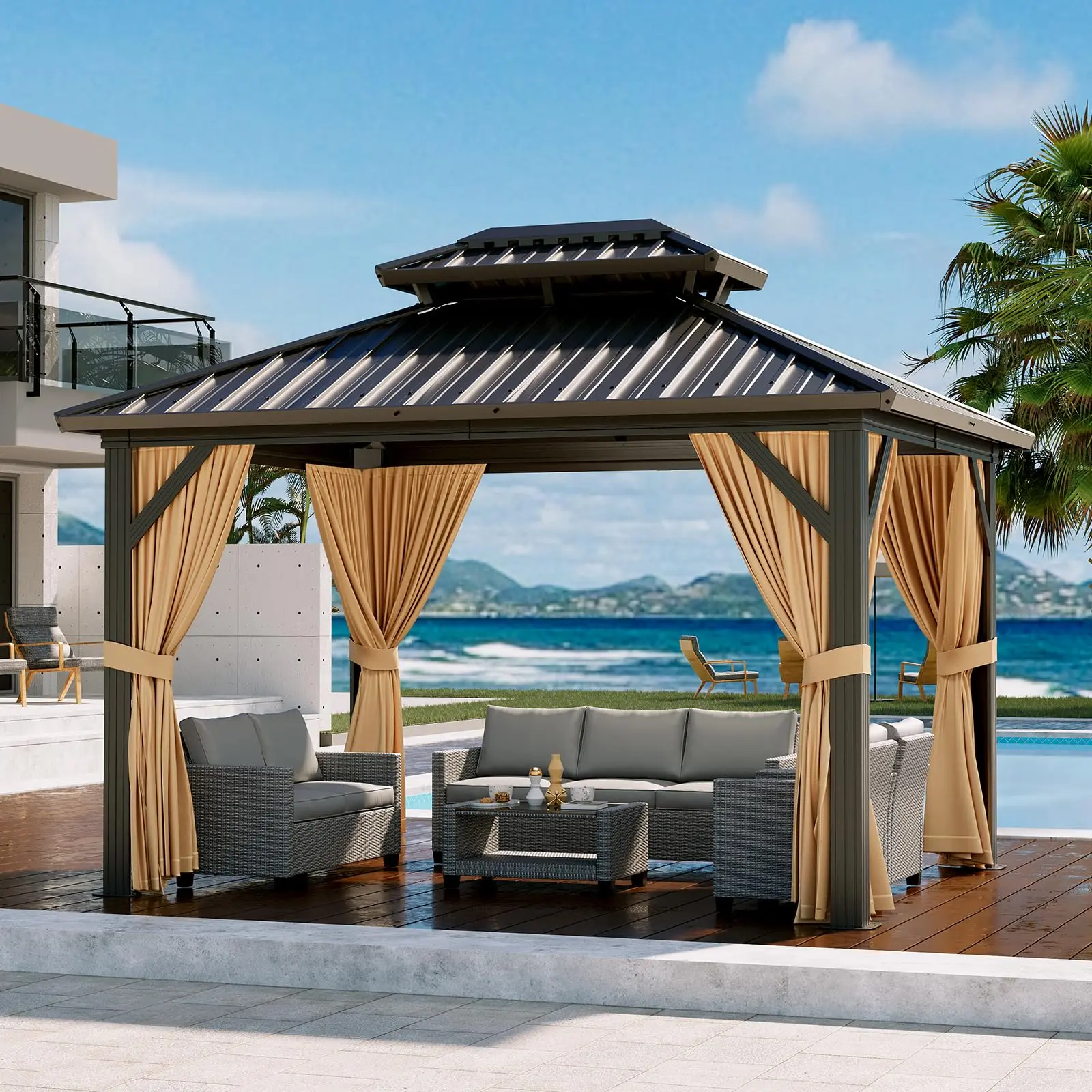 10x12 ft Heavy-Duty Aluminum Gazebo with Double-Layer Iron Roof - All-Weather Outdoor Pavilion Sun Shade Shelter, UV-Resistant Canopy w/Retractable Curtains & Netting,Khaki