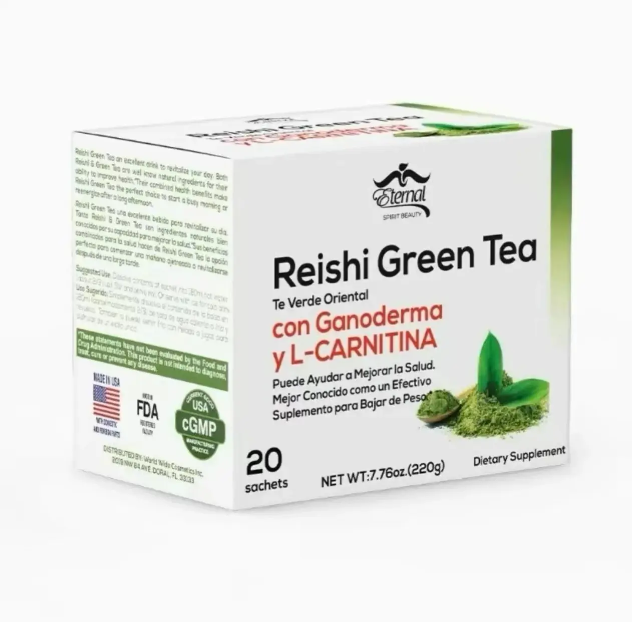 Eternal Spirit Beauty Reishi Green Tea with Ganoderma, 20 sachets-Organic, Unflavored, Allergen Free, Natural Beverage