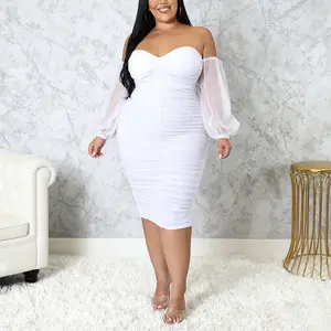 Echoine Women's Plus Size Off The Shoulder Mesh Long Sleeve Bodycon Ruched Midi Party Cocktail Dress in XL/2XL/3XL/4XL Sizes Fit & Flare Style Sweetheart Neck Mesh Overlay