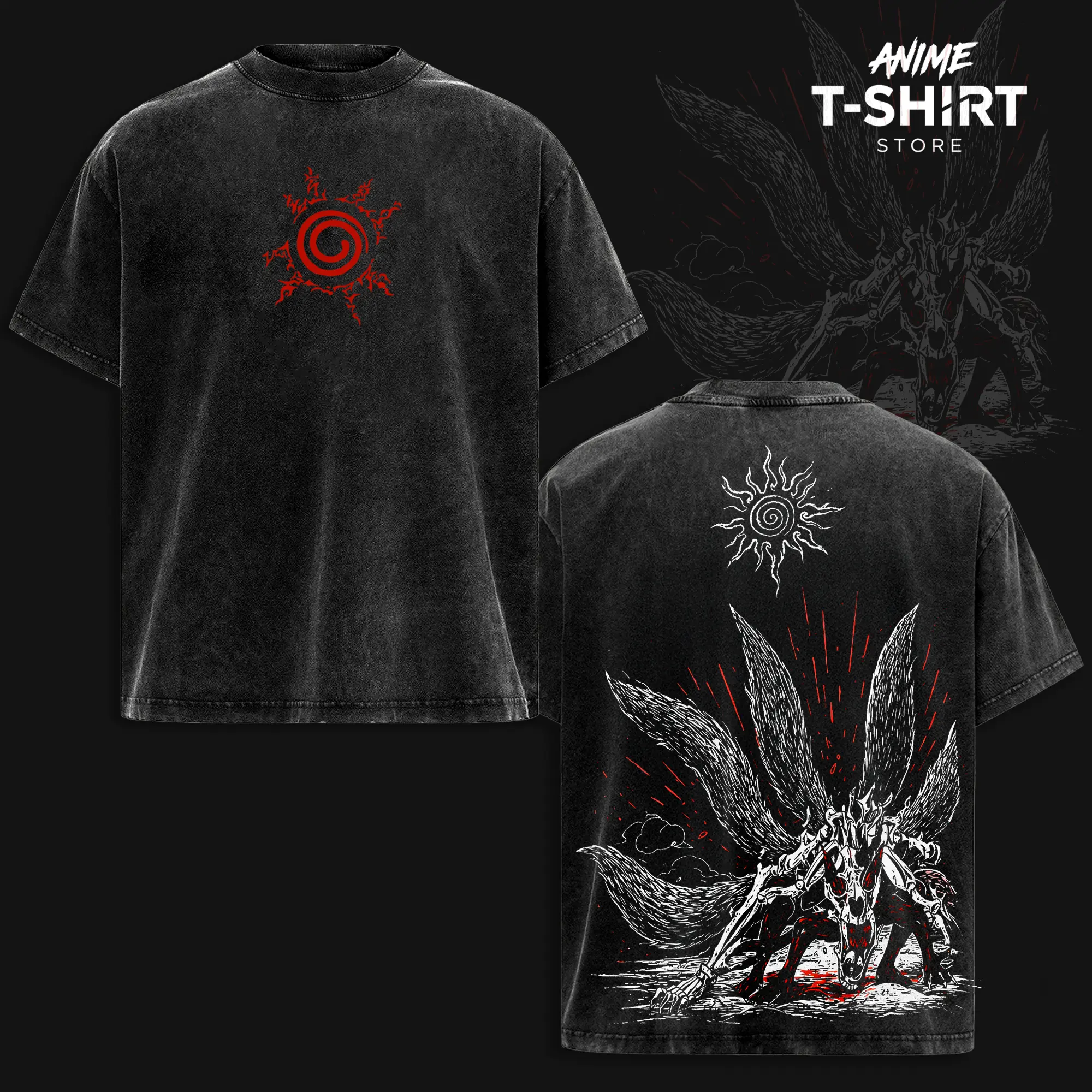 Kurama -  NRT Nine-Tails Fox Vintage Washed T-Shirt, Relaxed Fit, Heavyweight Cotton, Unisex Streetwear Casual Wear, Gift for Anime Fans