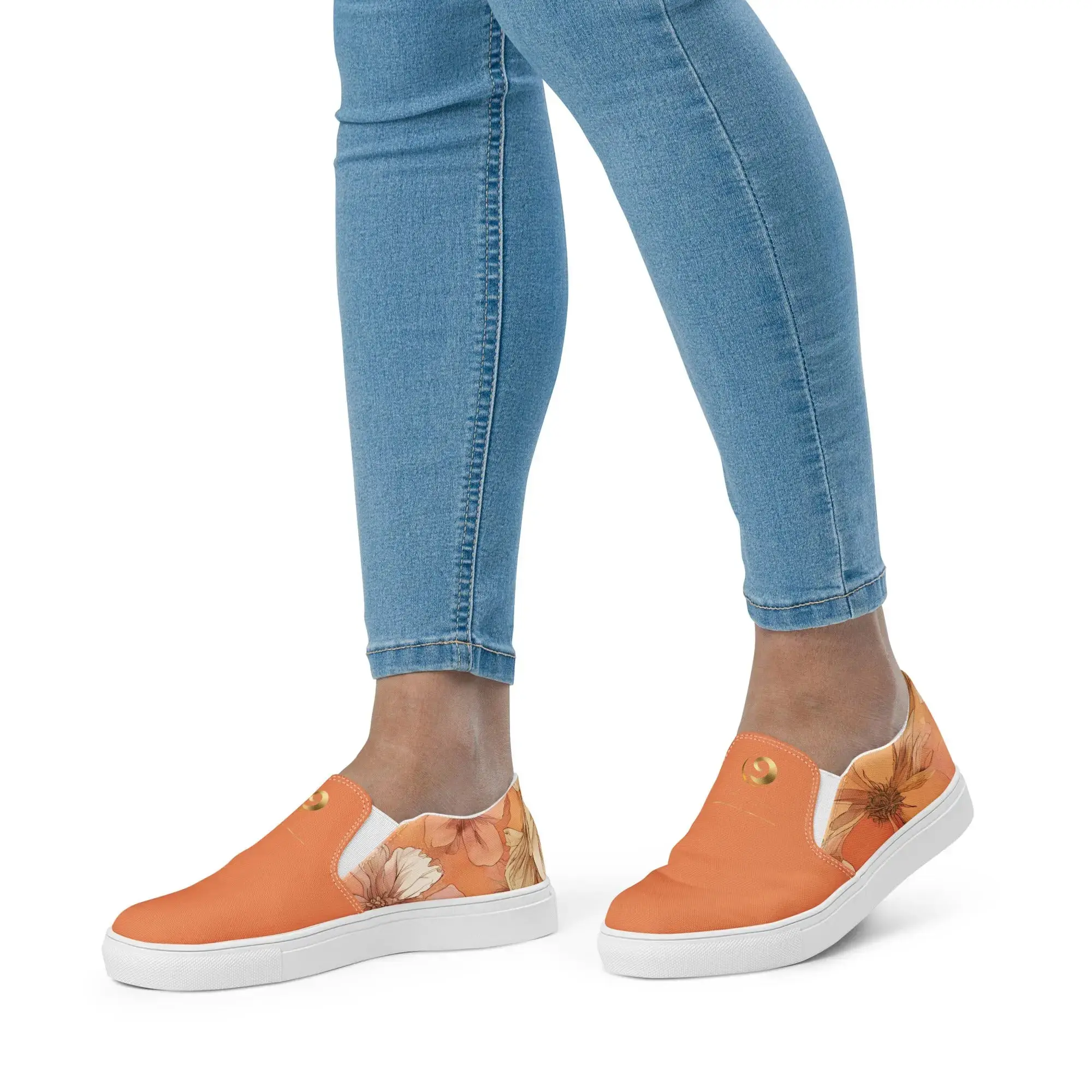 Chaitanya Abara Sunset Orange Floral Print Women’s Slip-On Canvas Shoes