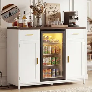 Farmhouse Coffee Bar Cabinet with Power Outlet, Liquor Wine Bar Cabinet with Mini Fridge Space, Mini Fridge Cabinet Stand with Drawer and Door Storage, Buffer Cabinet Sideboard Table for Dining Room Kitchen